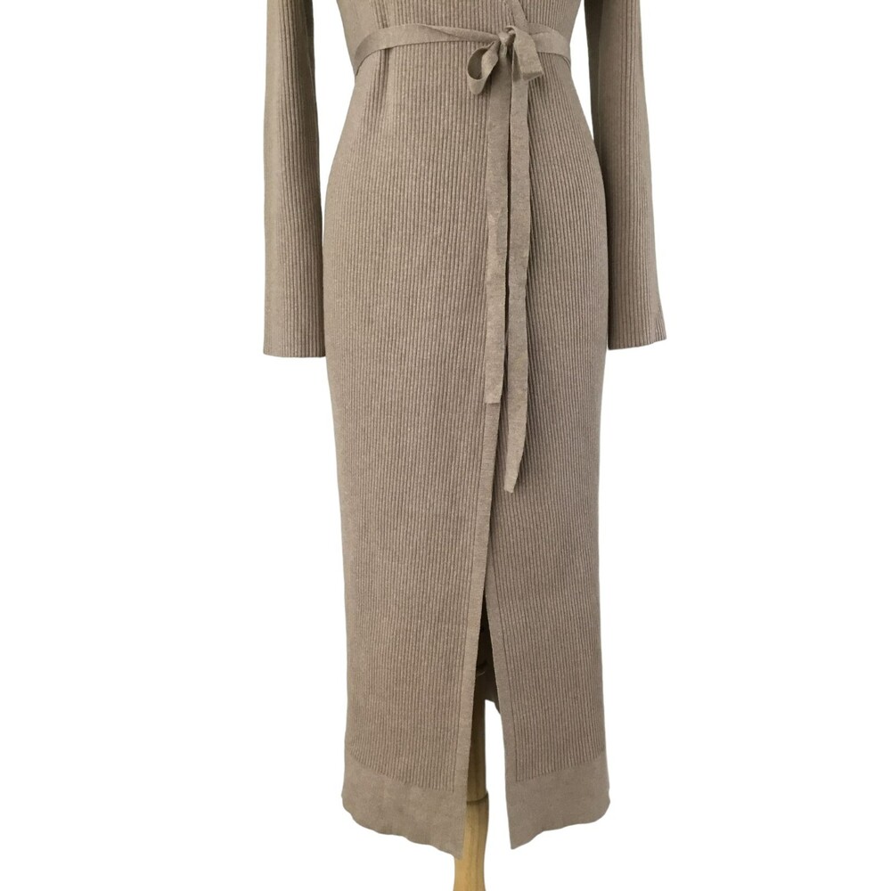 Lulus Iconic Comfort Sweater Dress Womens Medium Taupe Ribbed Surplice Wrap NEW - Picture 5 of 13